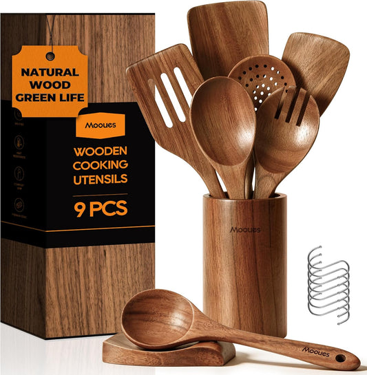 9-Piece Acacia Wood Kitchen Utensils Set with Holder & Spoon Rest
