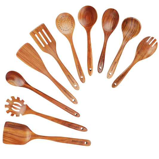 10-Piece Natural Teak Wooden Cooking Utensils Set
