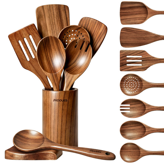 9-Piece Acacia Wood Kitchen Utensils Set with Holder & Spoon Rest
