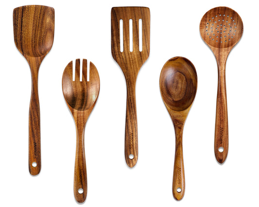 5-Piece Natural Teak Wooden Cooking Spoons & Utensils Set