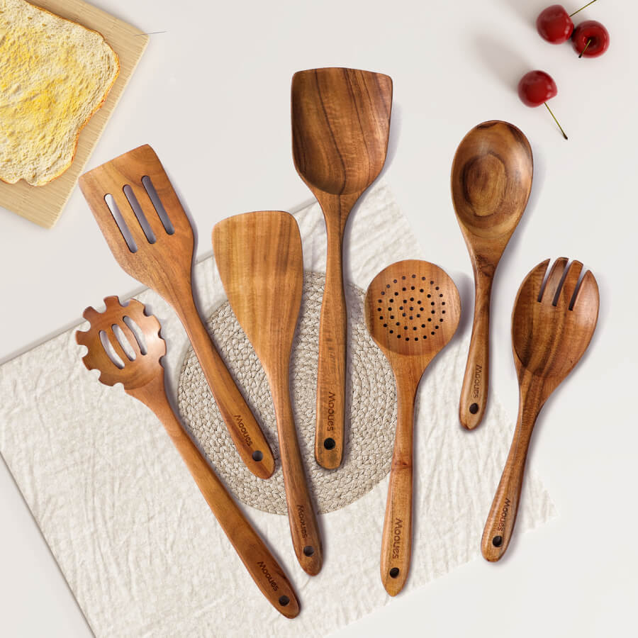 7-Piece Natural Teak Wooden Cooking Spoons