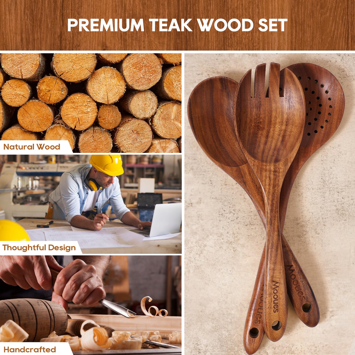 10PCS Teak Wood Cookware Utensil Set with Hooks