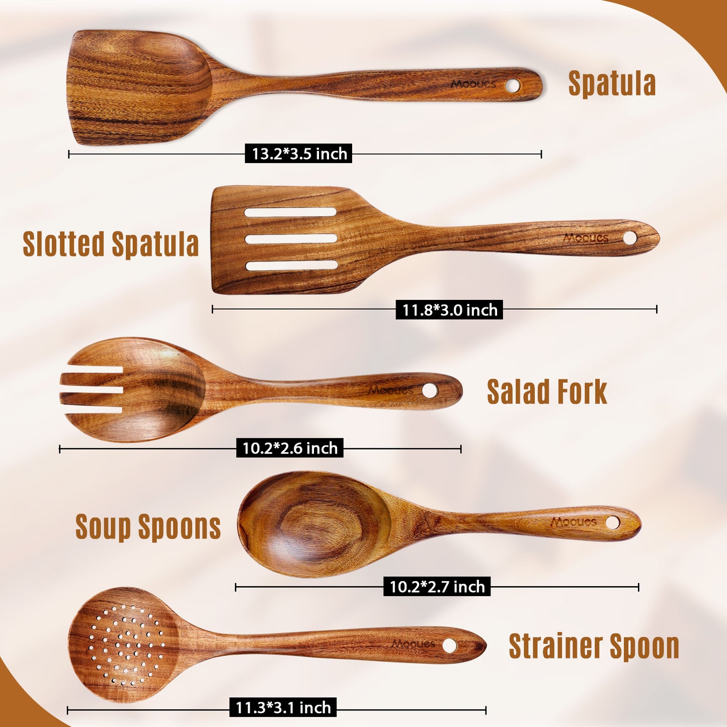 5-Piece Natural Teak Wooden Cooking Spoons & Utensils Set
