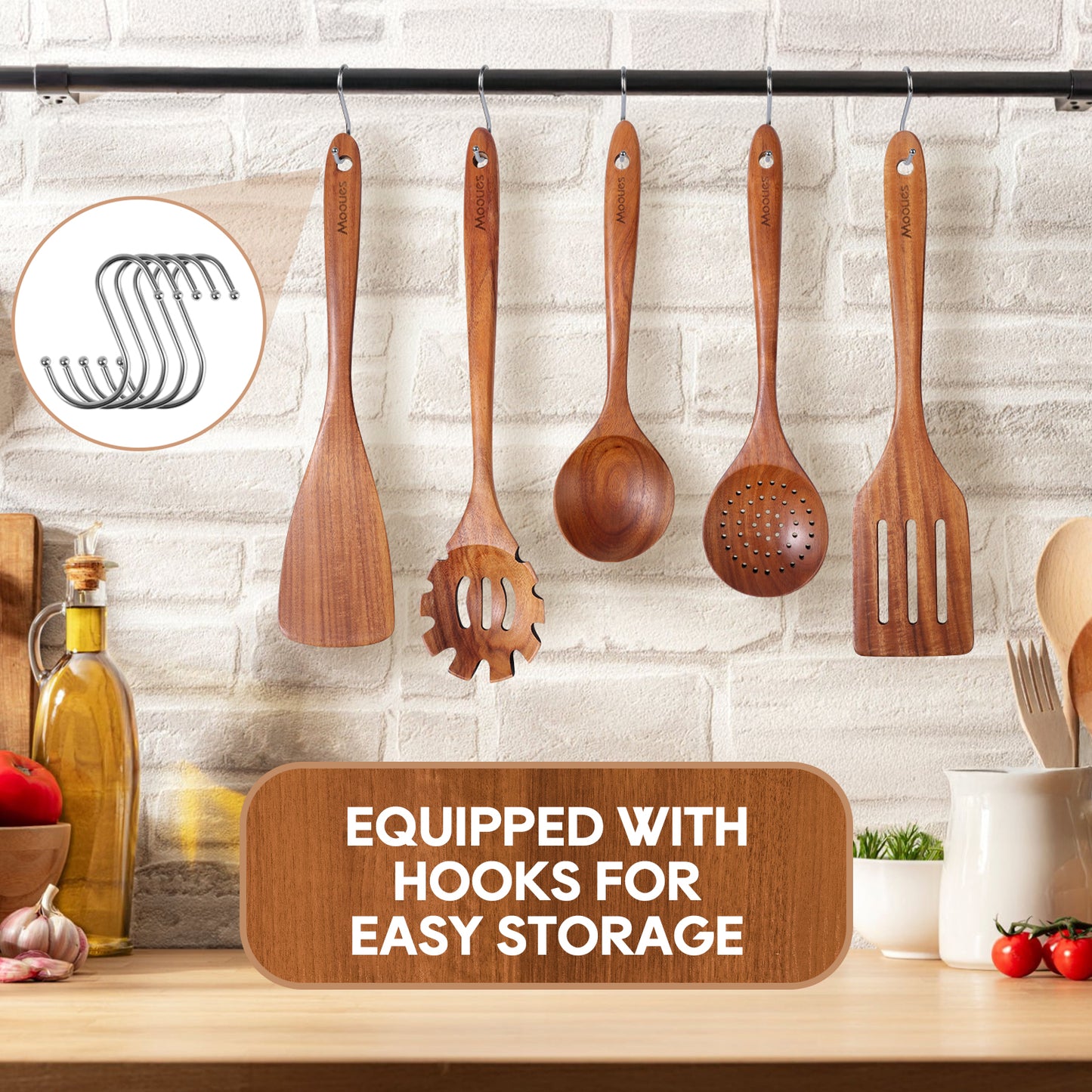 10PCS Teak Wood Cookware Utensil Set with Hooks