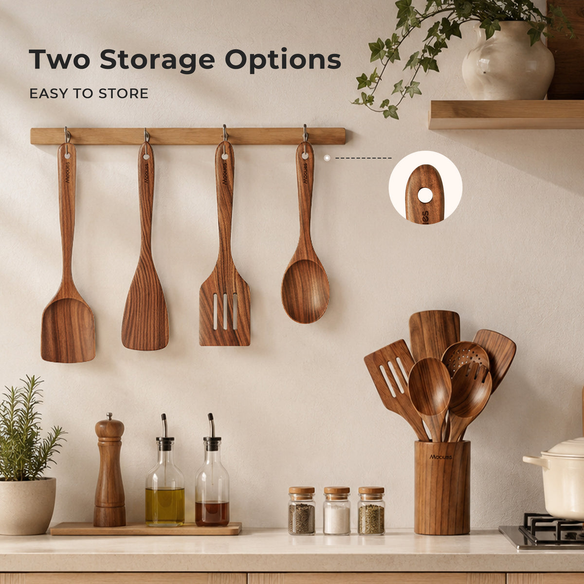 9-Piece Acacia Wood Kitchen Utensils Set with Holder & Spoon Rest