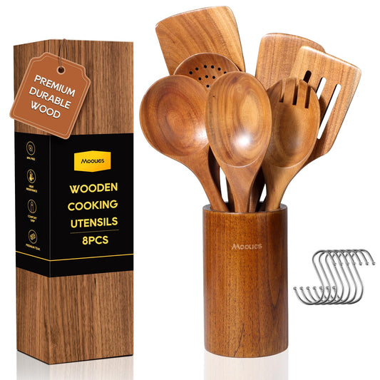 8 PCS Teak Wood Cookware Utensil Set with Hooks