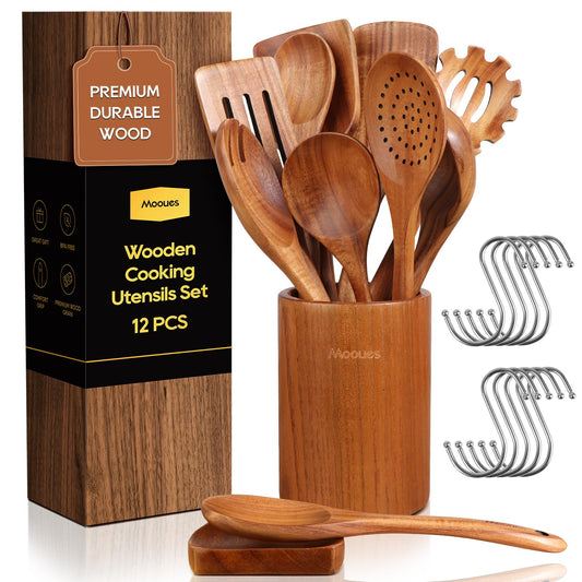 12PCS Teak Wood Kitchen Utensils – Heat-Resistant, Non-Stick Cooking Set