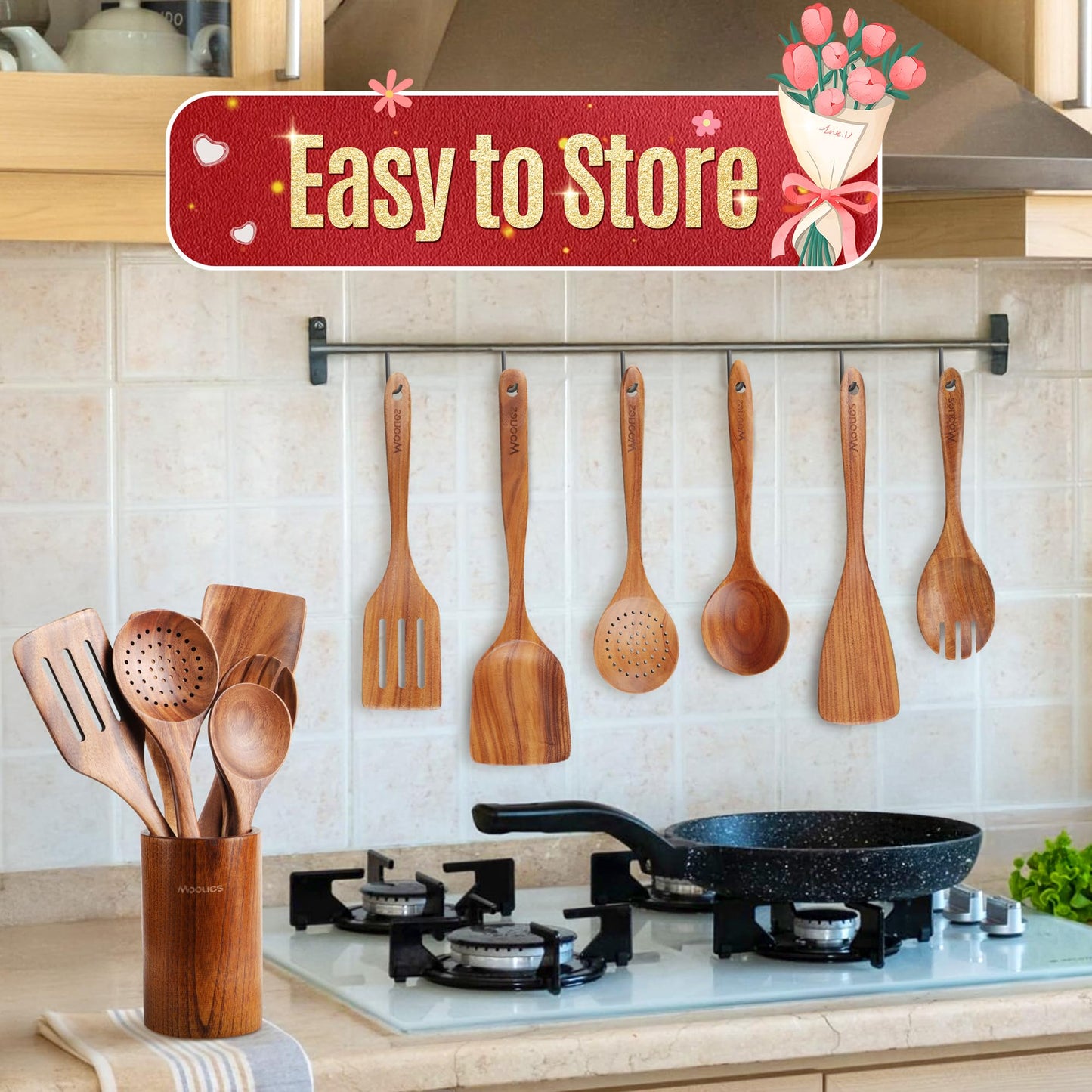 9-Piece Teak Wooden Utensils Set with Spoon Rest – Mother’s Day Limited Edition
