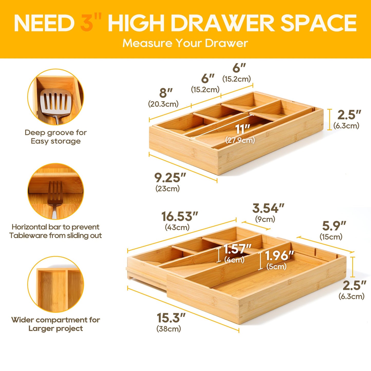 Expandable Bamboo Silverware Drawer Organizer With Removable Dividers