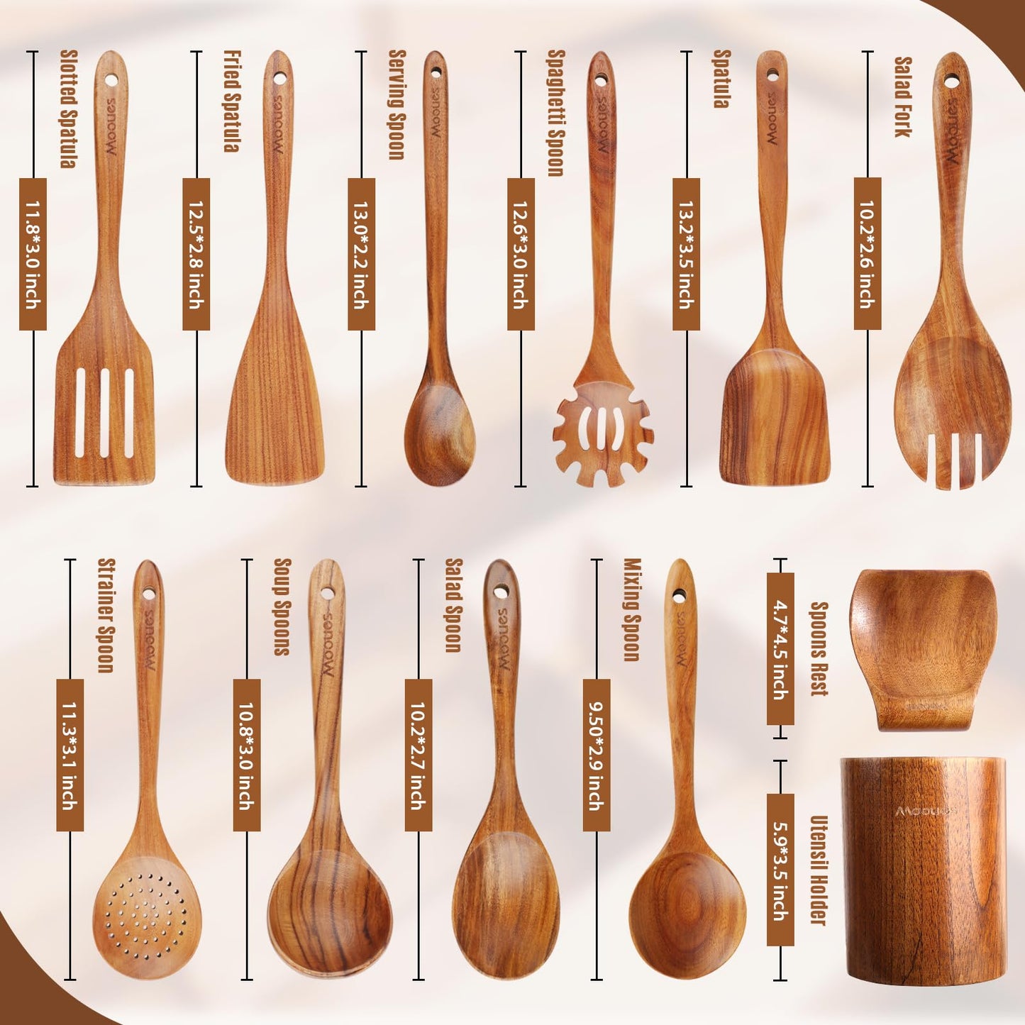 12PCS Teak Wood Kitchen Utensils – Heat-Resistant, Non-Stick Cooking Set