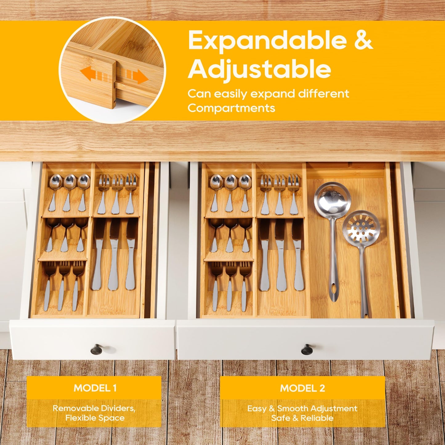 Expandable Bamboo Silverware Drawer Organizer With Removable Dividers