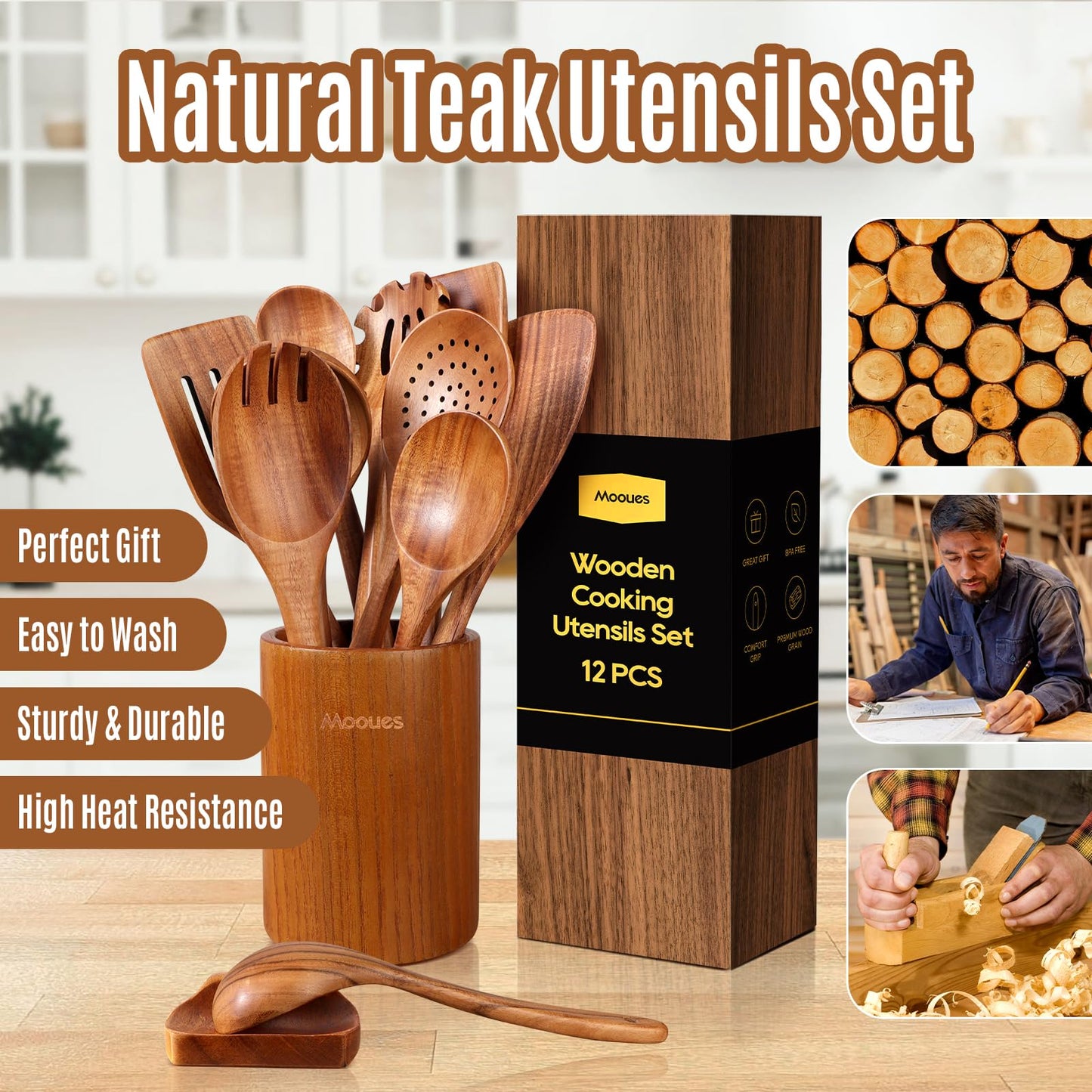 12PCS Teak Wood Kitchen Utensils – Heat-Resistant, Non-Stick Cooking Set