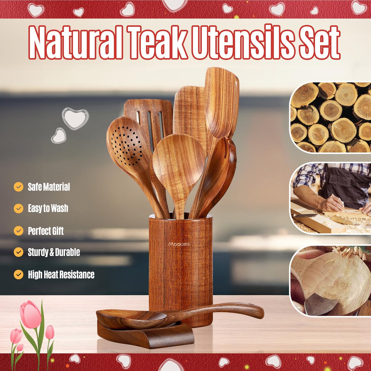 9-Piece Teak Wooden Utensils Set with Spoon Rest – Mother’s Day Limited Edition