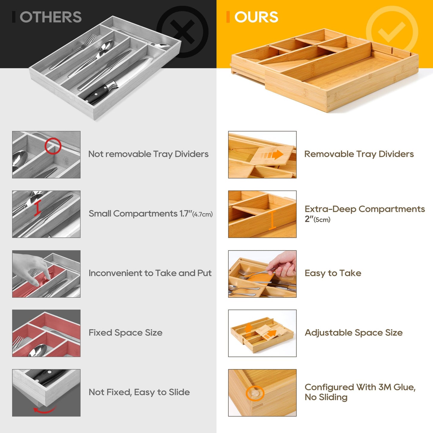 Expandable Bamboo Silverware Drawer Organizer With Removable Dividers