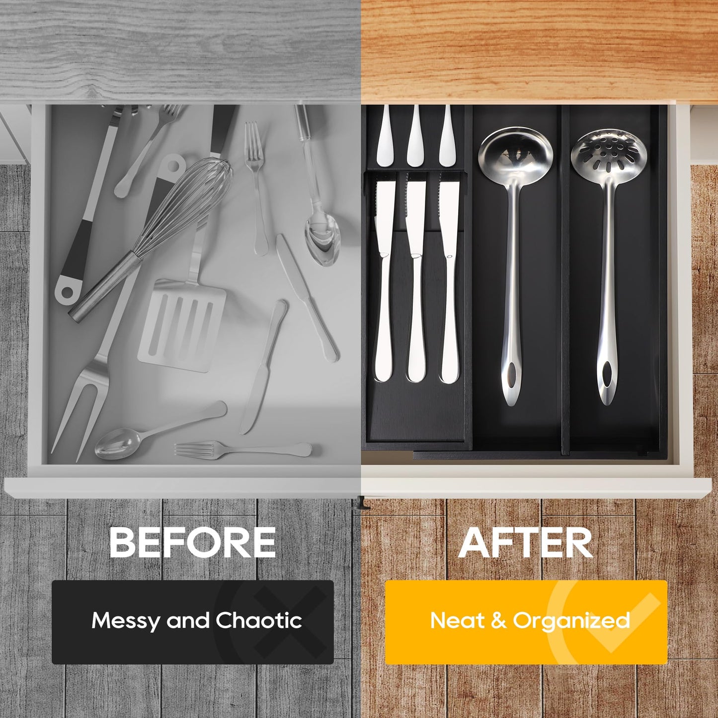 Bamboo Expandable Silverware Drawer Organizer Tray