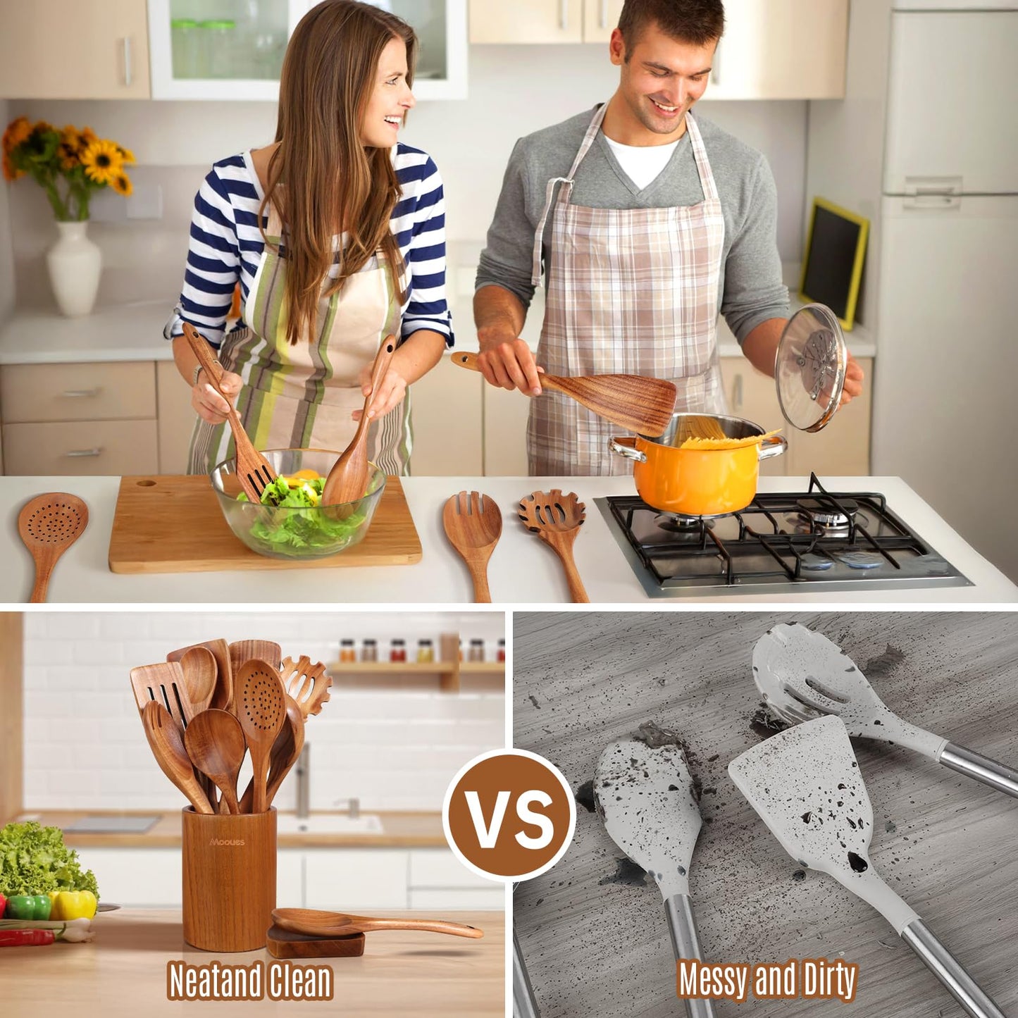 12PCS Teak Wood Kitchen Utensils – Heat-Resistant, Non-Stick Cooking Set