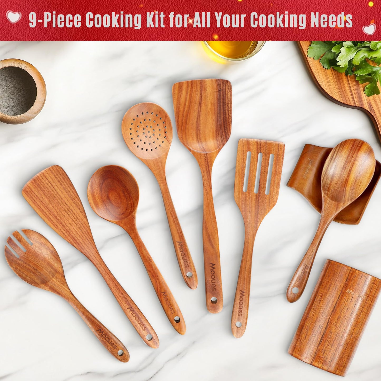 9-Piece Teak Wooden Utensils Set with Spoon Rest – Mother’s Day Limited Edition