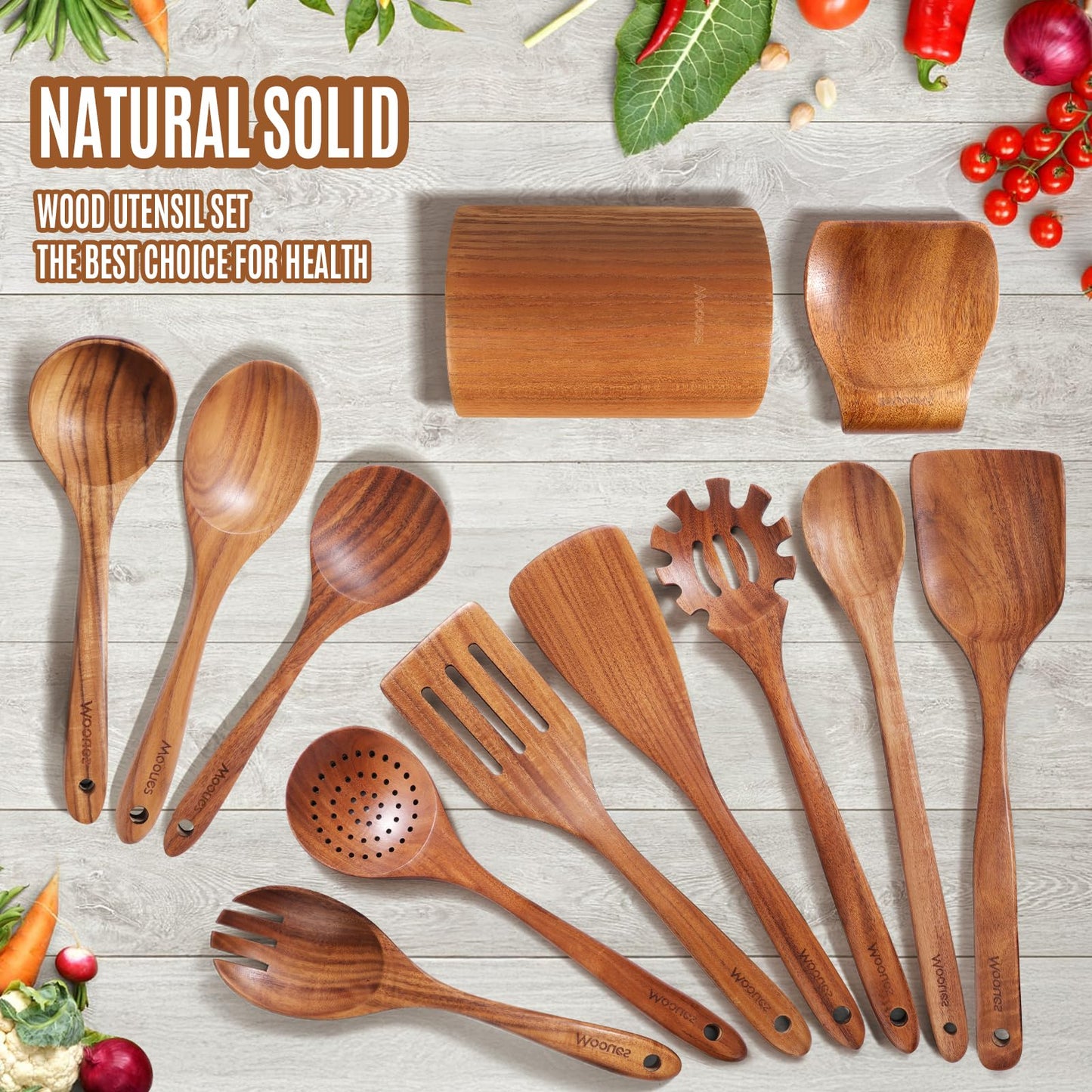 12PCS Teak Wood Kitchen Utensils – Heat-Resistant, Non-Stick Cooking Set