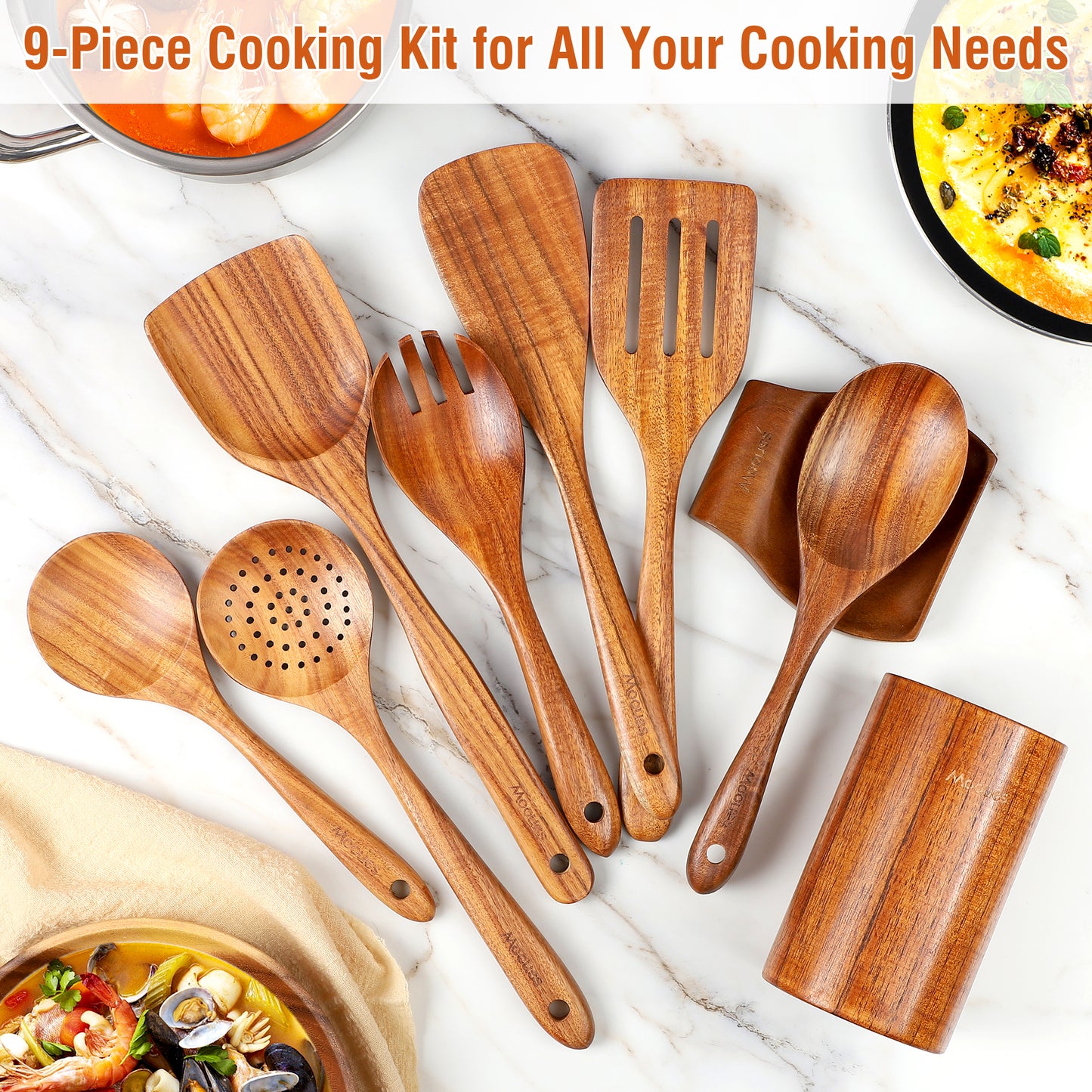 Complete 9-piece Mooues teak wooden cooking utensil set with spoon rest