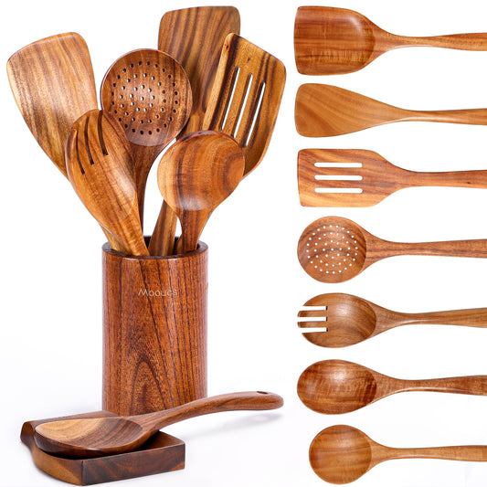 Mooues 9-piece teak wooden cooking utensil set with ergonomic spoon rest