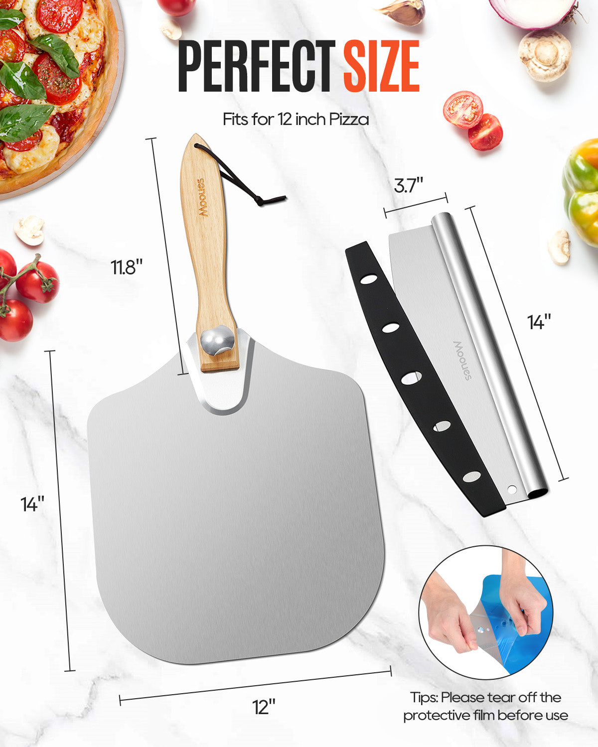 12" x 14" Aluminum Pizza Peel with Foldable Handle & Rocker Cutter