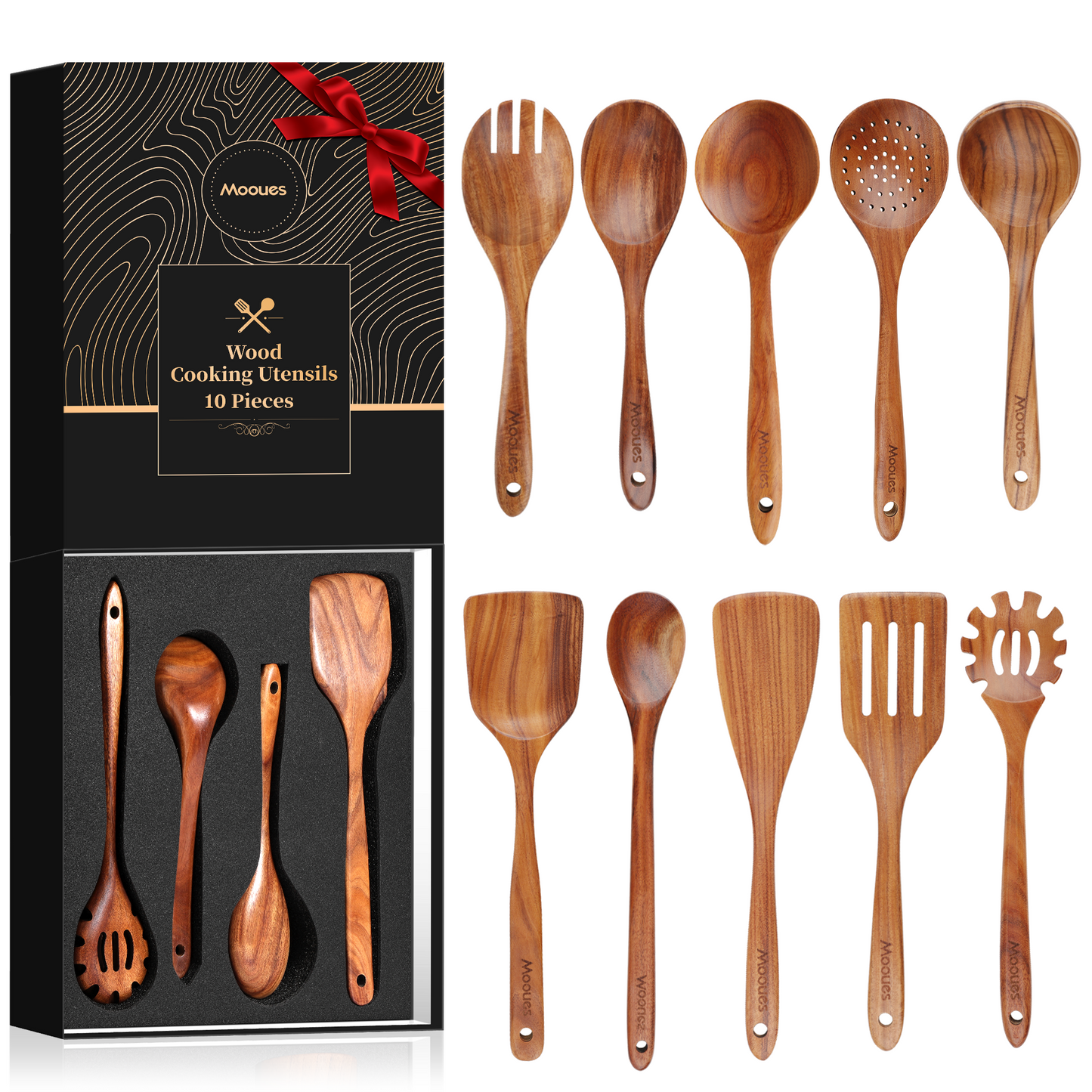 Upgraded Gift Box 10PCS Teak Wood Cookware Utensil Set with Hooks