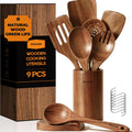 9-Piece Acacia Wood Kitchen Utensils Set with Holder & Spoon Rest
