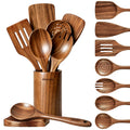 9-Piece Acacia Wood Kitchen Utensils Set with Holder & Spoon Rest