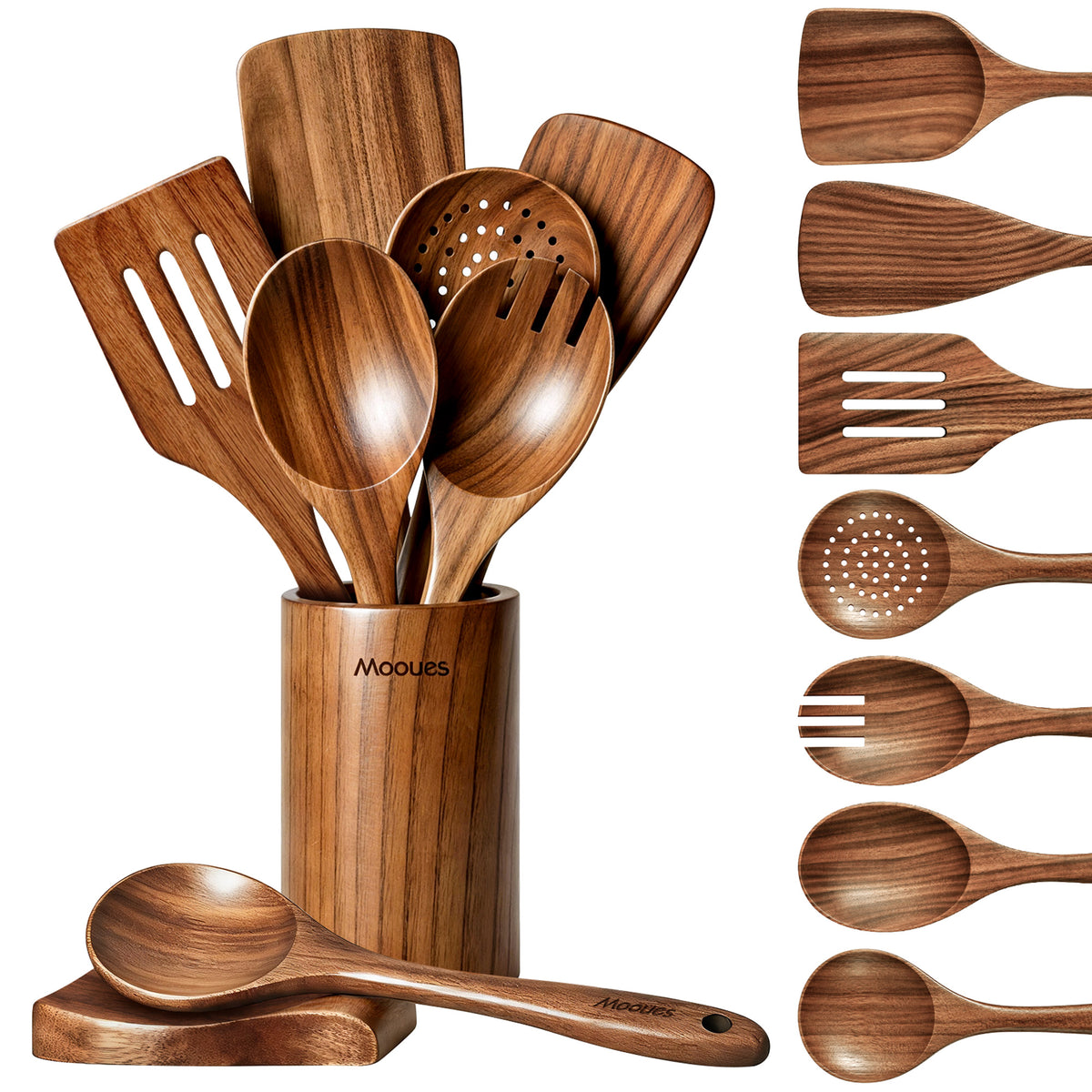 9-Piece Acacia Wood Kitchen Utensils Set with Holder & Spoon Rest