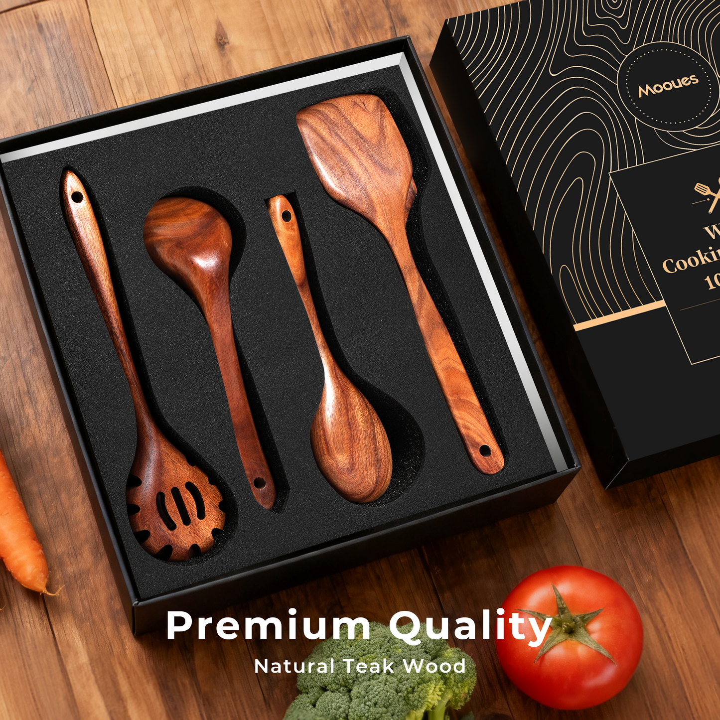 Upgraded Gift Box 10PCS Teak Wood Cookware Utensil Set with Hooks