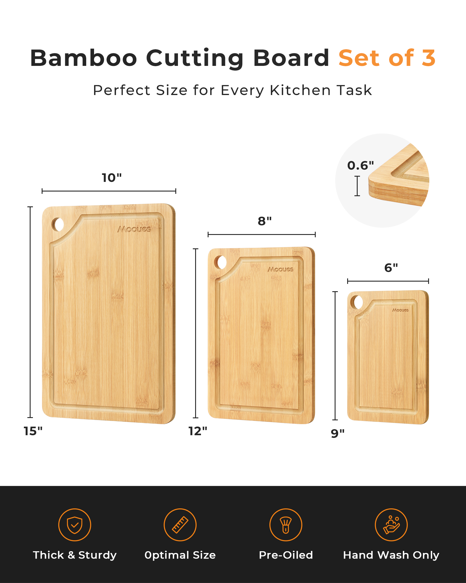 Natural Bamboo Cutting Board Set – 3-Piece Wooden Kitchen Boards