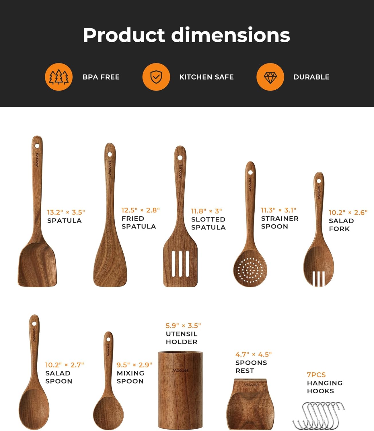 9-Piece Acacia Wood Kitchen Utensils Set with Holder & Spoon Rest