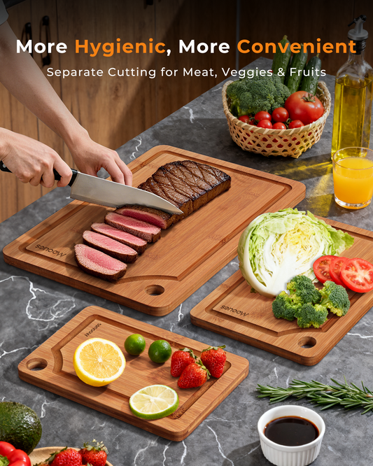 Brown Bamboo Cutting Board Set – 3-Piece Knife-Friendly Kitchen Boards
