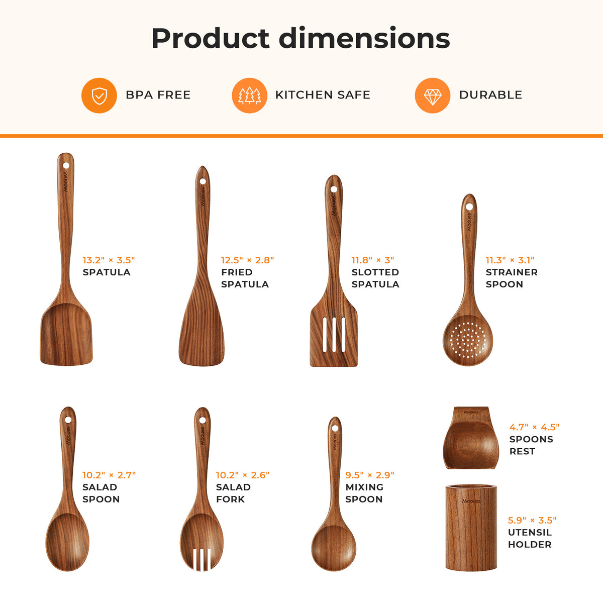 9-Piece Acacia Wood Kitchen Utensils Set with Holder & Spoon Rest