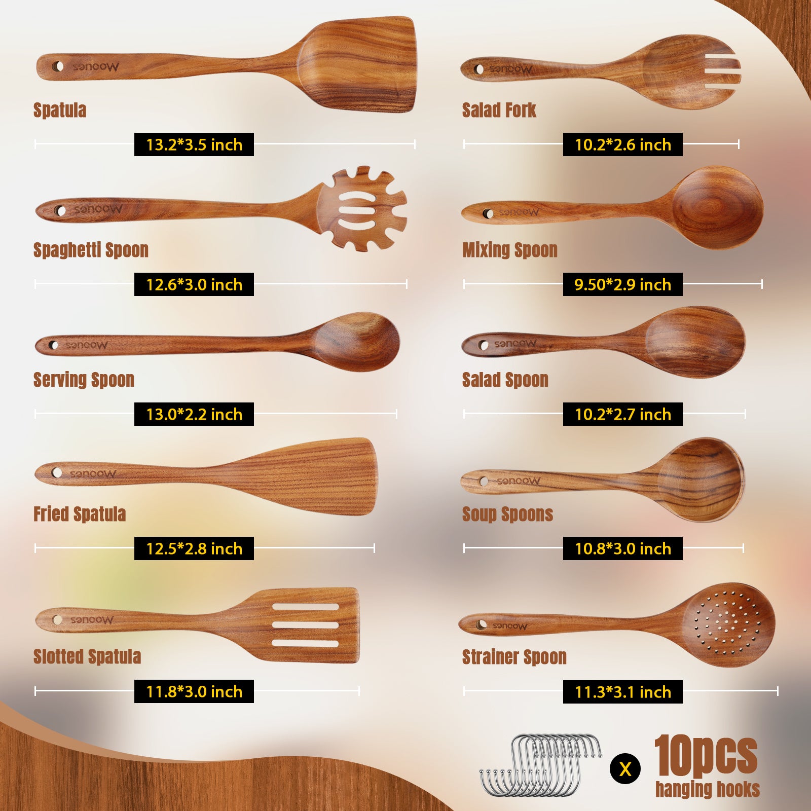 10PCS Teak Wood Cookware Utensil Set with Hooks