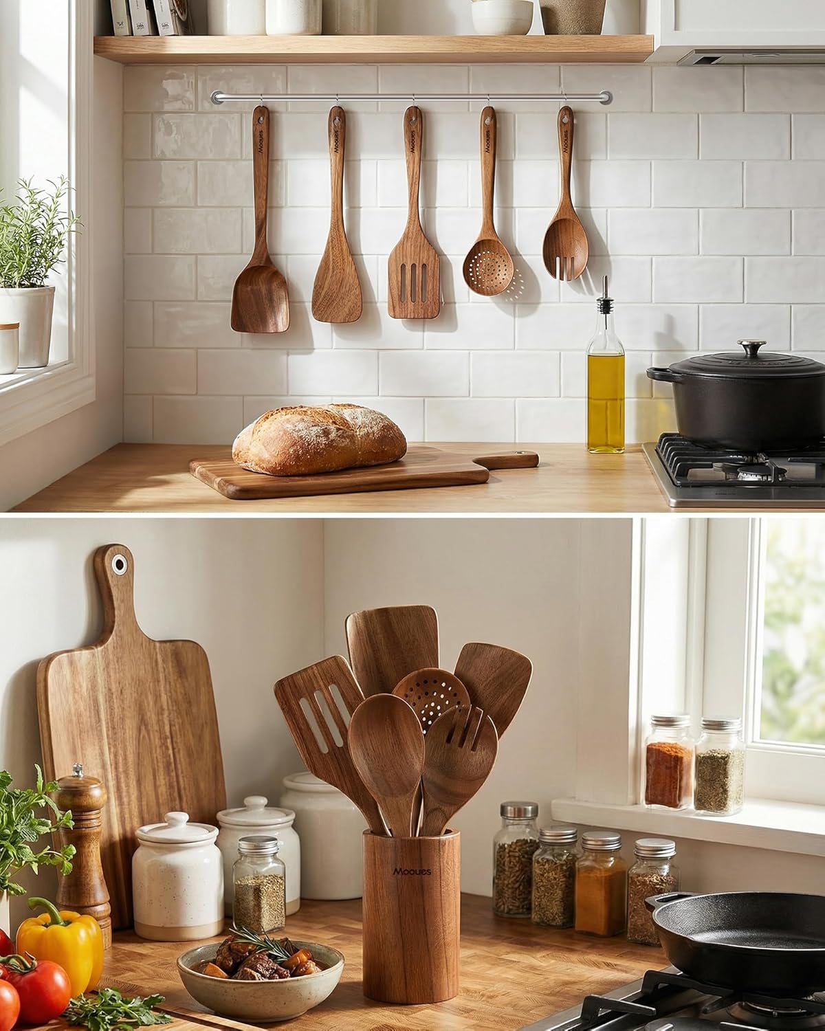 9-Piece Acacia Wood Kitchen Utensils Set with Holder & Spoon Rest