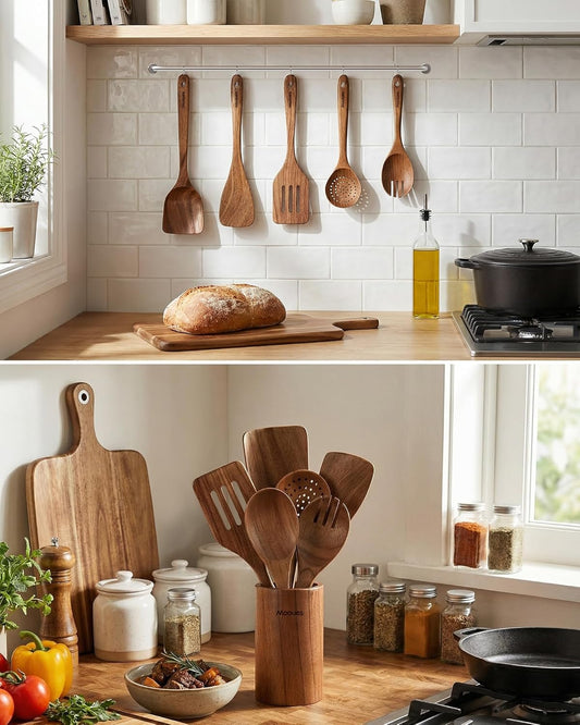 9-Piece Acacia Wood Kitchen Utensils Set with Holder & Spoon Rest