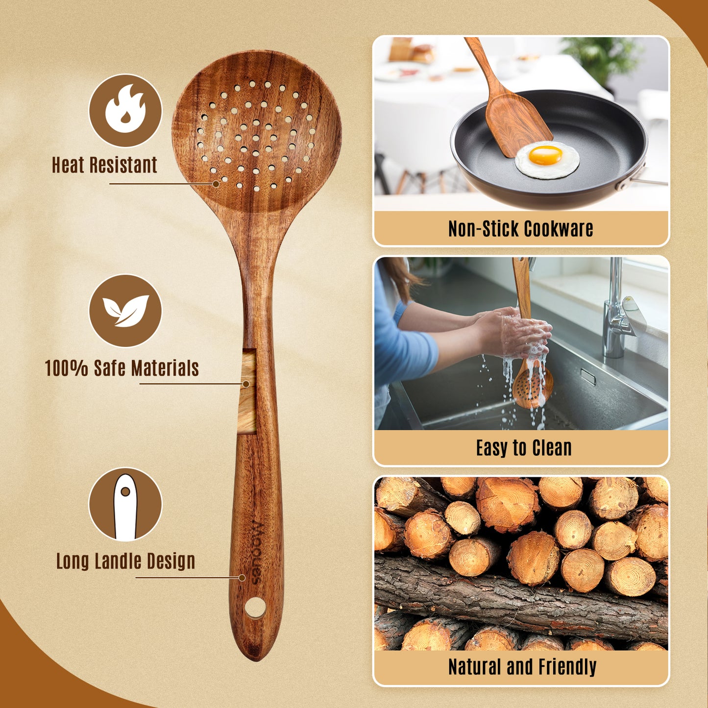 7-Piece Natural Teak Wooden Cooking Spoons