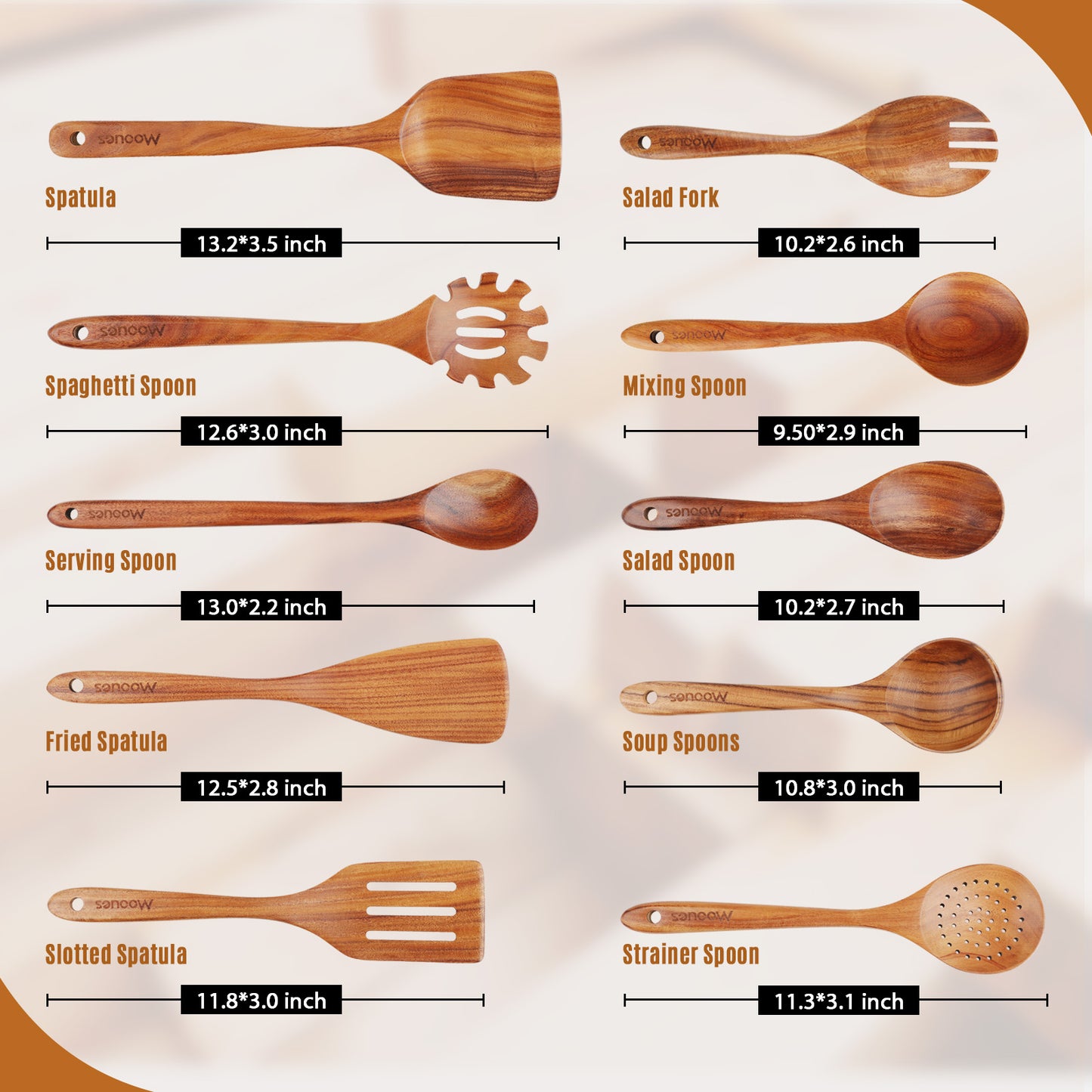 Upgraded Gift Box 10PCS Teak Wood Cookware Utensil Set with Hooks