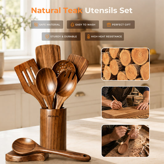9-Piece Acacia Wood Kitchen Utensils Set with Holder & Spoon Rest