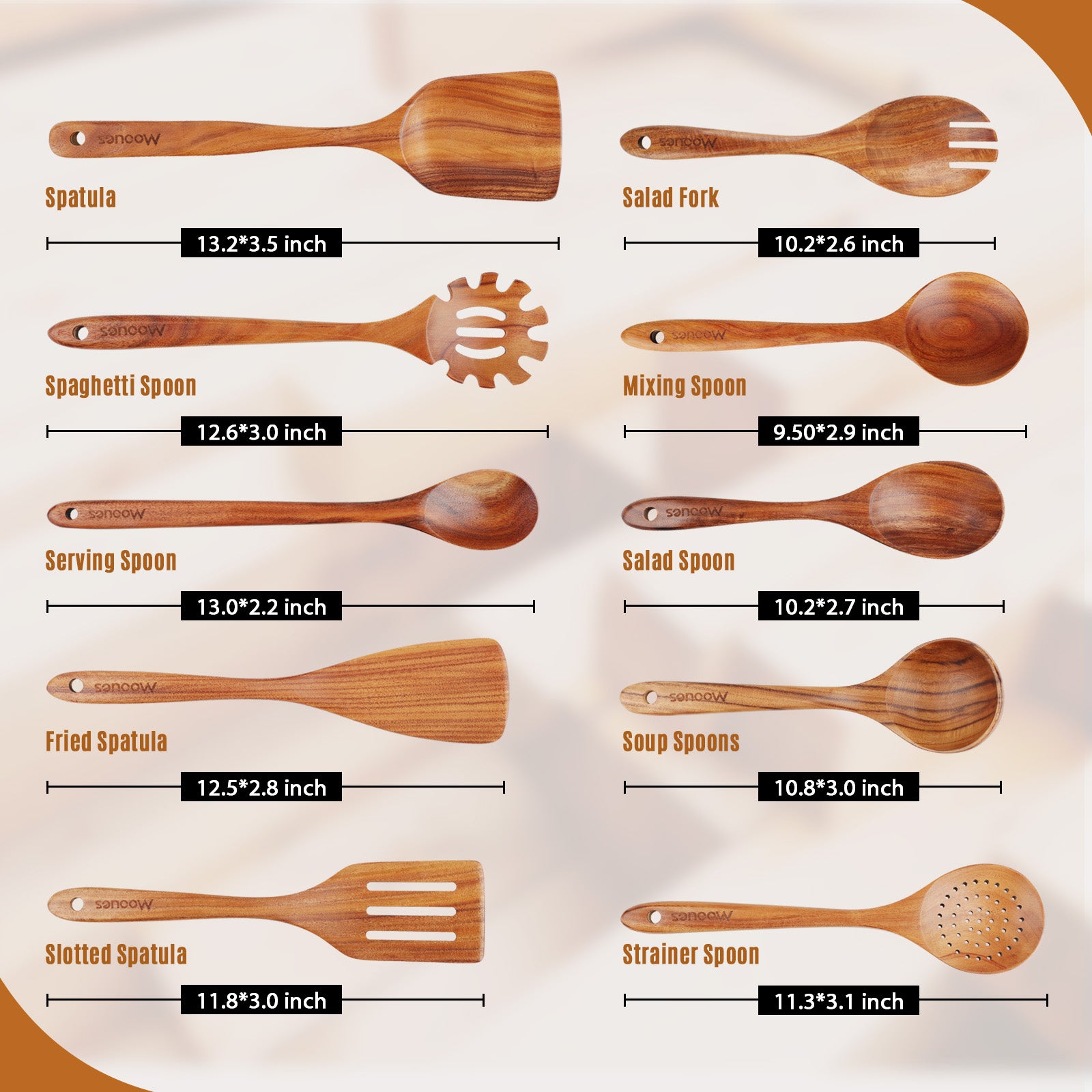 10-Piece Natural Teak Wooden Cooking Utensils Set