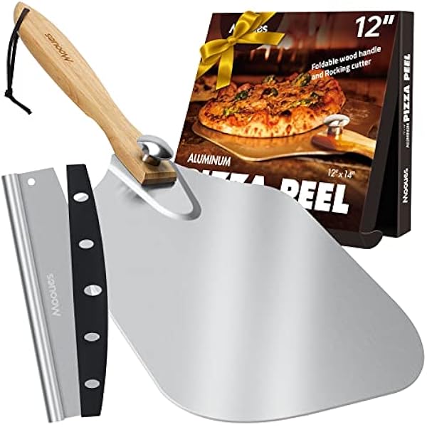 Mooues Pizza Peel Aluminum 12 inch Pizza Spatula with Rocker Cutter | Metal Pizza Paddle(12'x 14') Foldable Wood Handle, [Storage bag included], for Family Pizza Oven Baking Pizza, Dough& Pastry