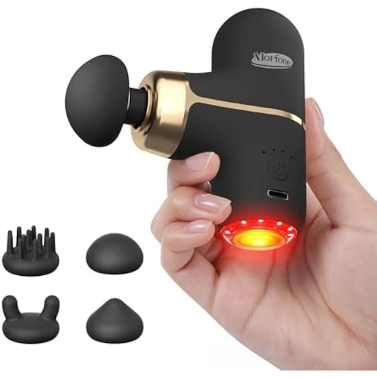 Super Mini Massage Gun with Heat & Red Light, 0.48 lb Travel Massage Gun | Palm-Sized Deep Tissues Percussion Muscle Massager 4 Heads 4 Speeds Compact Ultra-Quiet Type-C Charging for Home Office Black