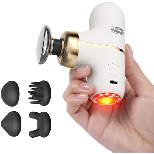 Super Mini Massage Gun with Heat & Red Light, 0.48 lb Travel Massage Gun | Palm-Sized Deep Tissues Percussion Muscle Massager 4 Heads 4 Speeds Compact Ultra-Quiet Type-C Charging for Home Office White
