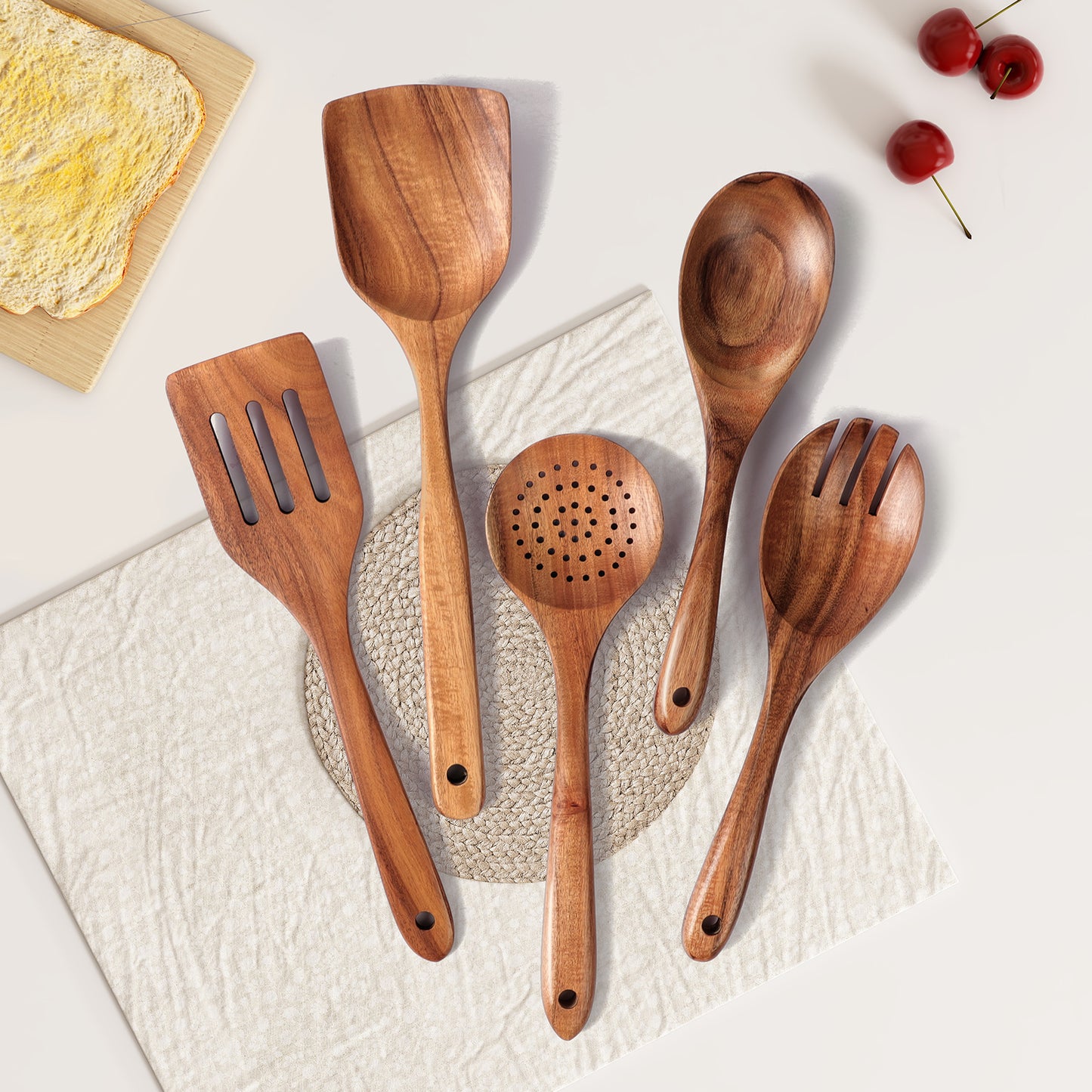 5-Piece Natural Teak Wooden Cooking Spoons & Utensils Set
