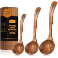 Wooden Ladle for Soup, 3 Size Teak Wood Ladle Spoon with Back Hooks, Heat Resistant Wooden Spoons for Cooking, Non-Stick, Comfortable Grip, Wood Kitchen Utensils Set for Serving, Stirring