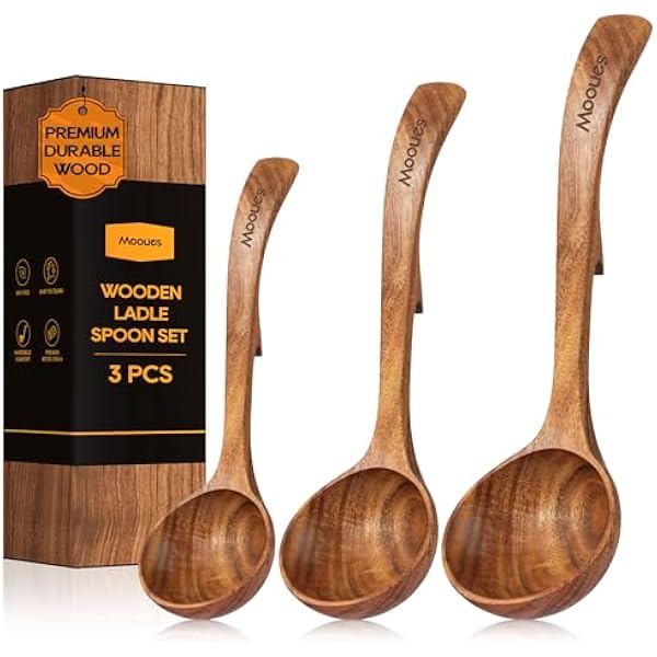 Wooden Ladle for Soup, 3 Size Teak Wood Ladle Spoon with Back Hooks, Heat Resistant Wooden Spoons for Cooking, Non-Stick, Comfortable Grip, Wood Kitchen Utensils Set for Serving, Stirring