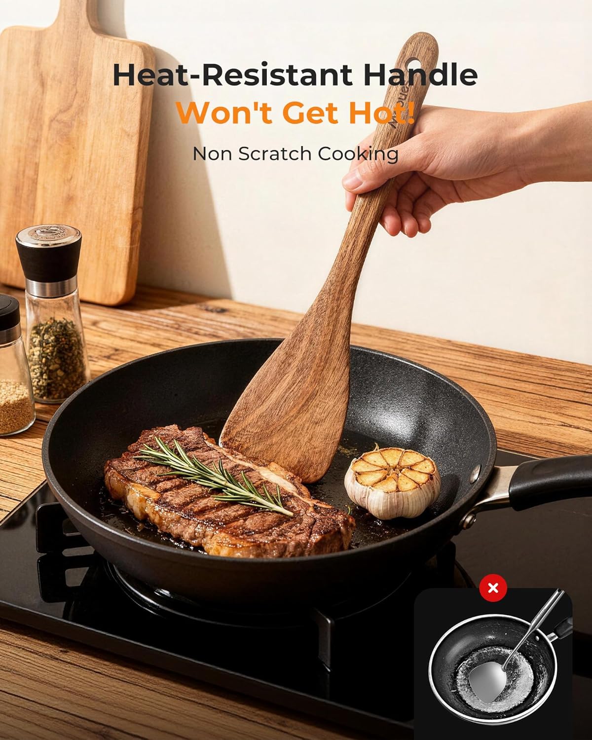 9-Piece Acacia Wood Kitchen Utensils Set with Holder & Spoon Rest