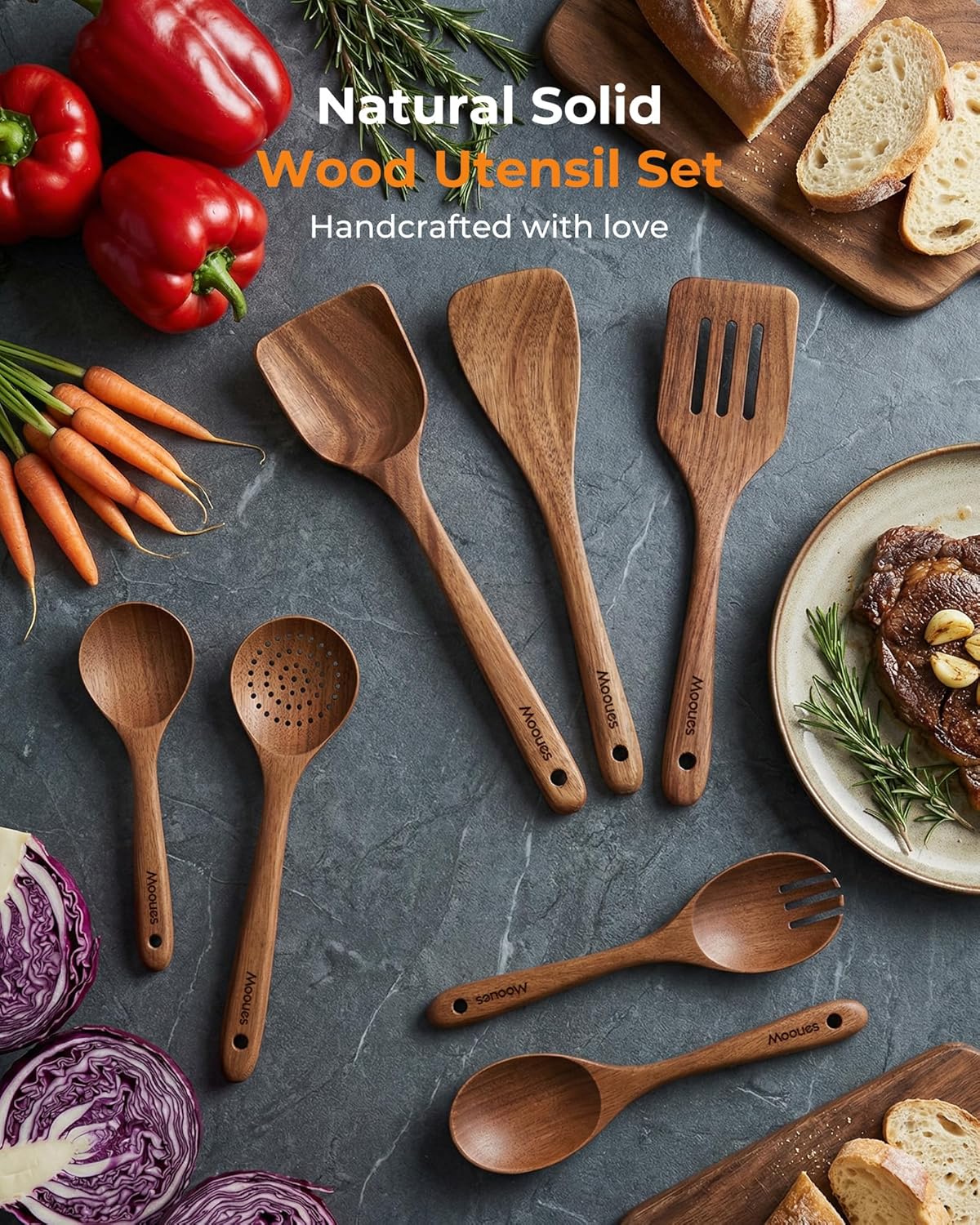 9-Piece Acacia Wood Kitchen Utensils Set with Holder & Spoon Rest