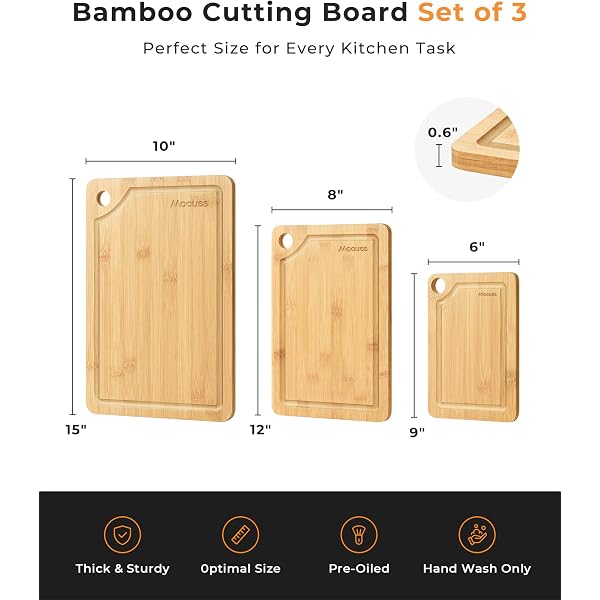 Bamboo Cutting Board for Kitchen, Knife-Friendly Wooden Cutting Boards Set 3-Piece with Juice Groove, Durable Chopping Boards for Meat, Vegetables, Fruits, Cheese(Natural)